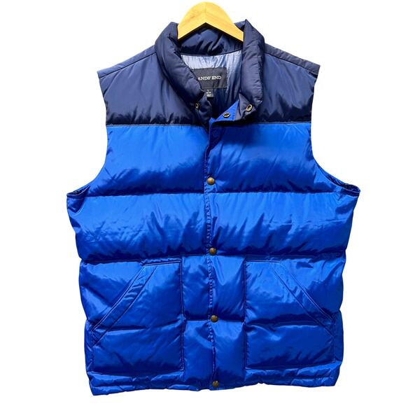 Lands End Jacket Mens Large Blue Down Puffer Snap Up + Pockets Outdoor - Picture 1 of 5